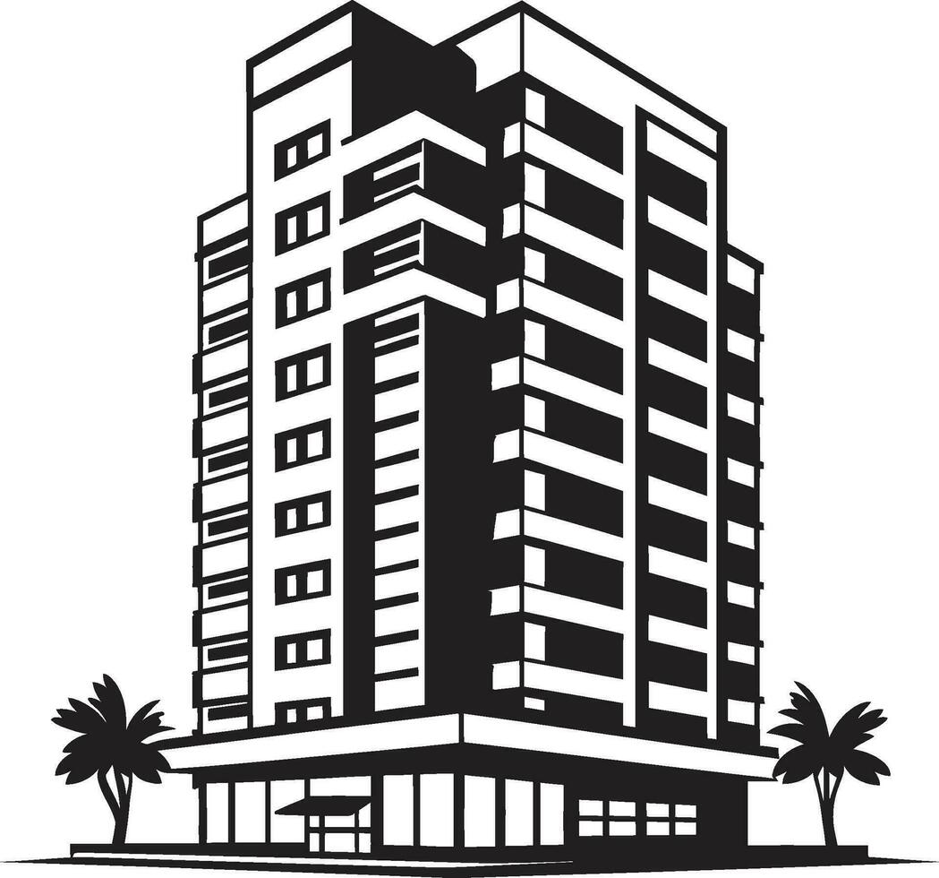 Innenstadt Himmelslandschaft Symphonie mehrstöckig Gebäude im Vektor Logo Stadtlinie Wunder Höhen mehrblumig Wolkenkratzer Vektor Emblem