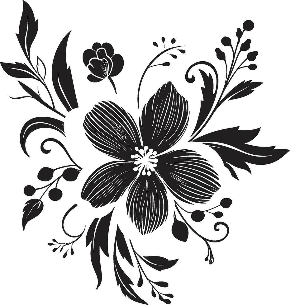 svartvit kronblad serenad noir vektor emblem skisser nyckfull inked flora hand dragen blommig ikonografi