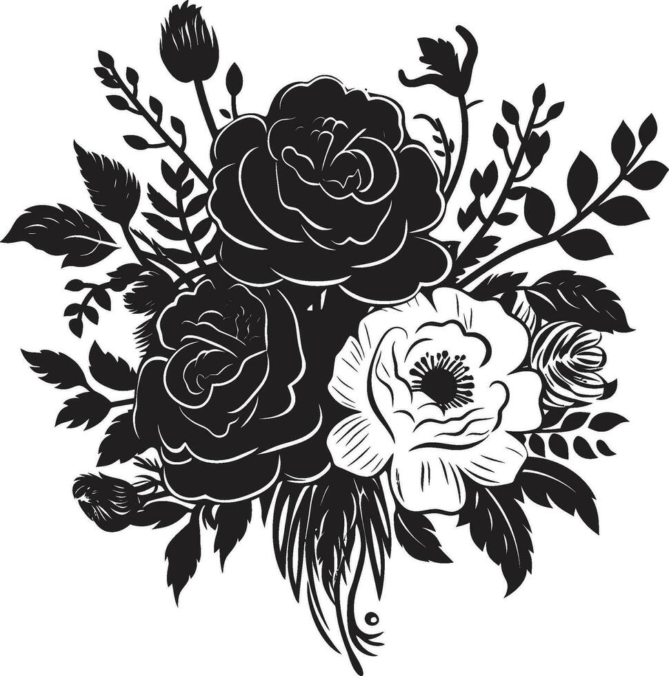 rätselhaft Blumen- Ensemble dekorativ schwarz Symbol schick botanisch Anordnung schwarz Vektor Emblem