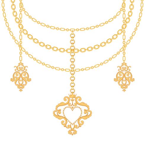 Hintergrund mit goldener metallischer Halskette der Ketten und Anhänger mit Herzen. Auf weiß vektor