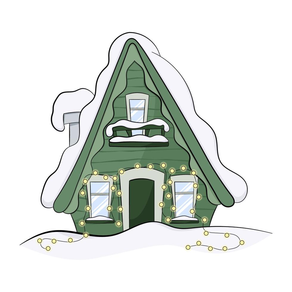 Cartoon-Winterhaus. Weihnachtshaus aus Holz mit Schnee bedeckt. vektor