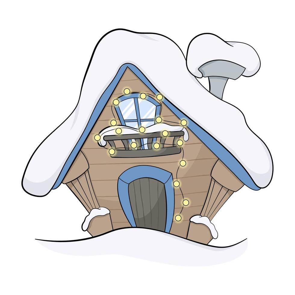 Cartoon-Winterhaus. Weihnachtshaus aus Holz mit Schnee bedeckt. vektor