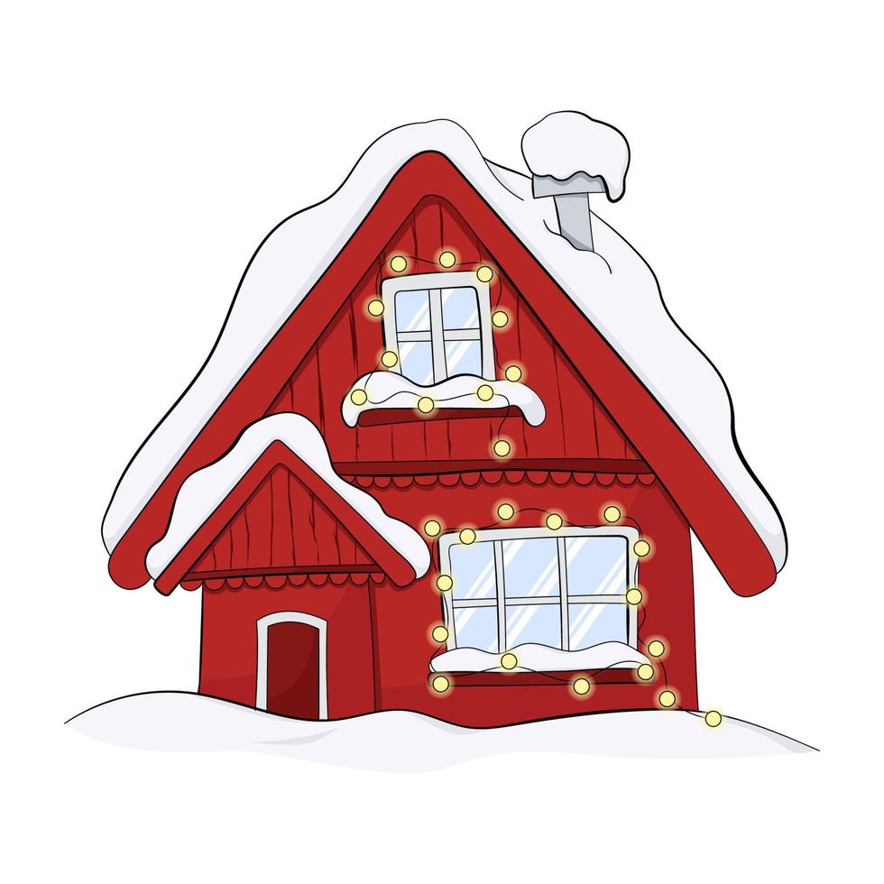 Cartoon-Winterhaus. Weihnachtshaus aus Holz mit Schnee bedeckt. vektor