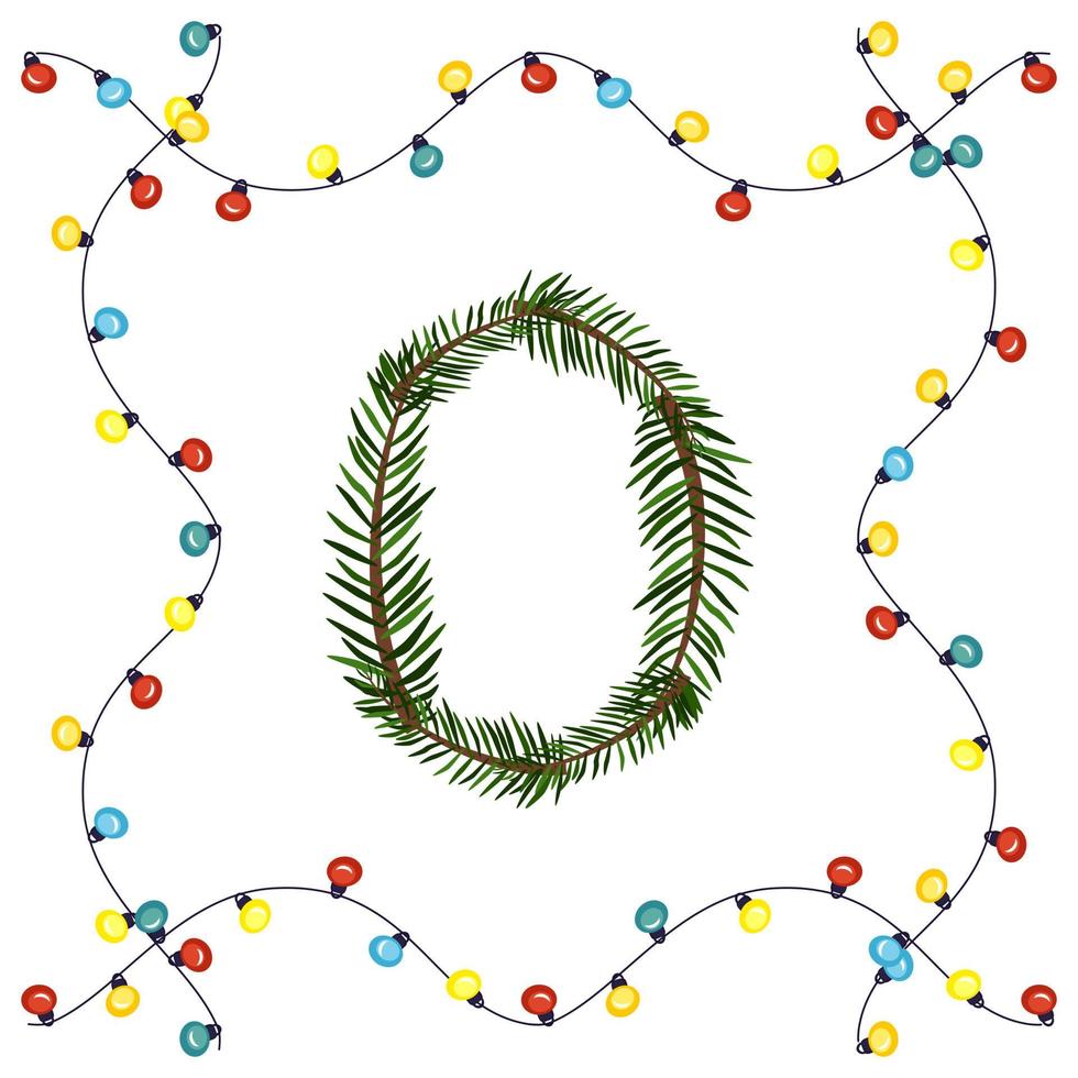 Nummer Null aus grünen Weihnachtsbaumzweigen. festliche Schrift und Rahmen aus Girlande, Symbol für ein frohes neues Jahr und Weihnachten, Charakter für die Datumsdekoration vektor