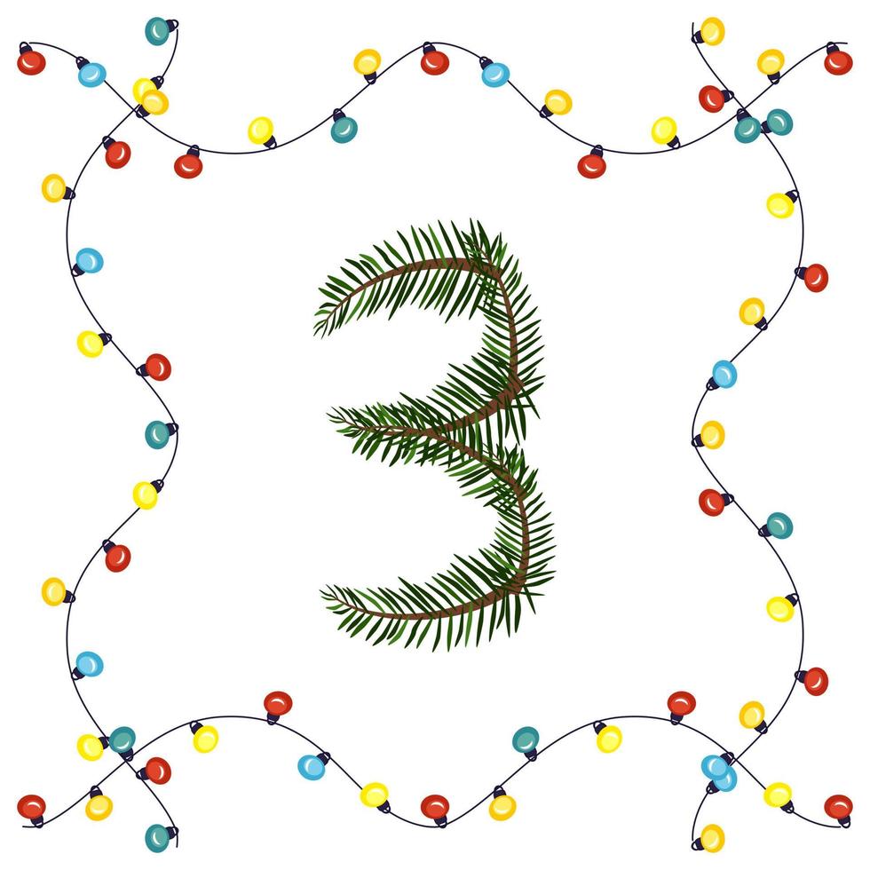 Nummer drei aus grünen Weihnachtsbaumzweigen. festliche Schrift und Rahmen aus Girlande, Symbol für ein frohes neues Jahr und Weihnachten, Charakter für die Datumsdekoration vektor