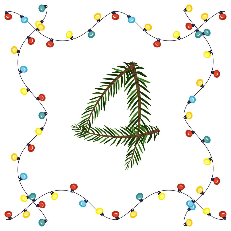 Nummer vier aus grünen Weihnachtsbaumzweigen. festliche Schrift und Rahmen aus Girlande, Symbol für ein frohes neues Jahr und Weihnachten, Charakter für die Datumsdekoration vektor