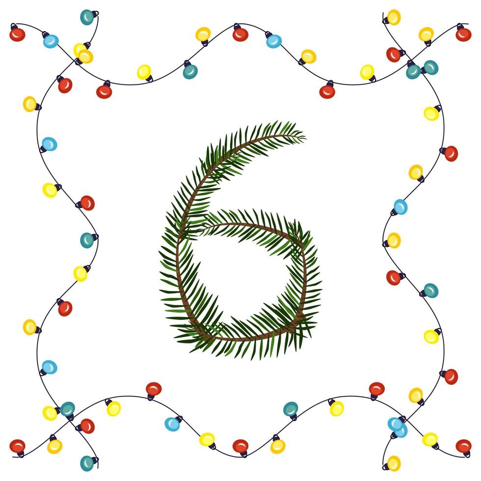 nummer sex från gröna julgransgrenar. festligt teckensnitt och ram från krans, symbol för gott nytt år och jul, karaktär för datumdekoration vektor