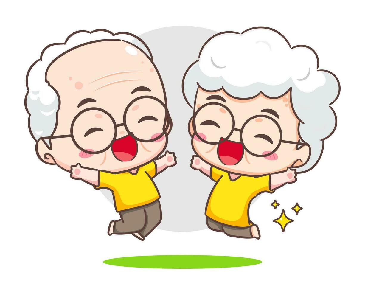 süß Paar Großeltern Show Liebe unterzeichnen. Opa und Oma Karikatur Charakter. glücklich alt Paar. Chibi Vektor Stil. isoliert Weiß Hintergrund