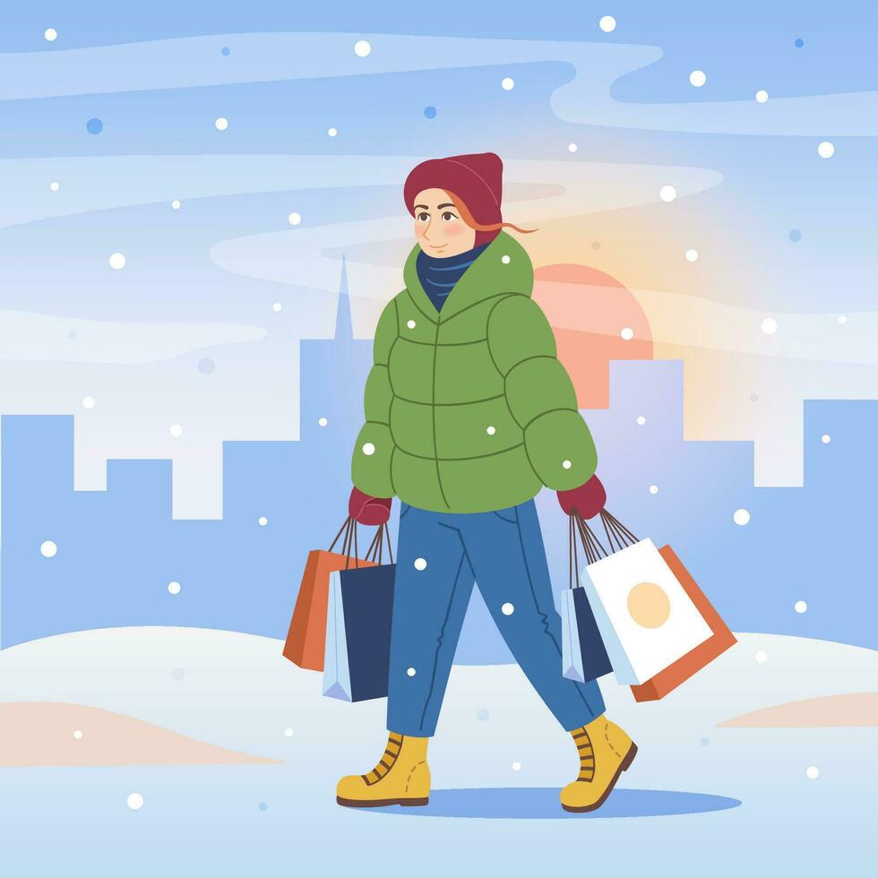 Frau im Winter Kleider gehen mit ein Menge von Taschen auf Winter Stadt Hintergrund. Winter Jahreszeit Einkaufen. eben Design. Vektor Illustration im Karikatur Stil