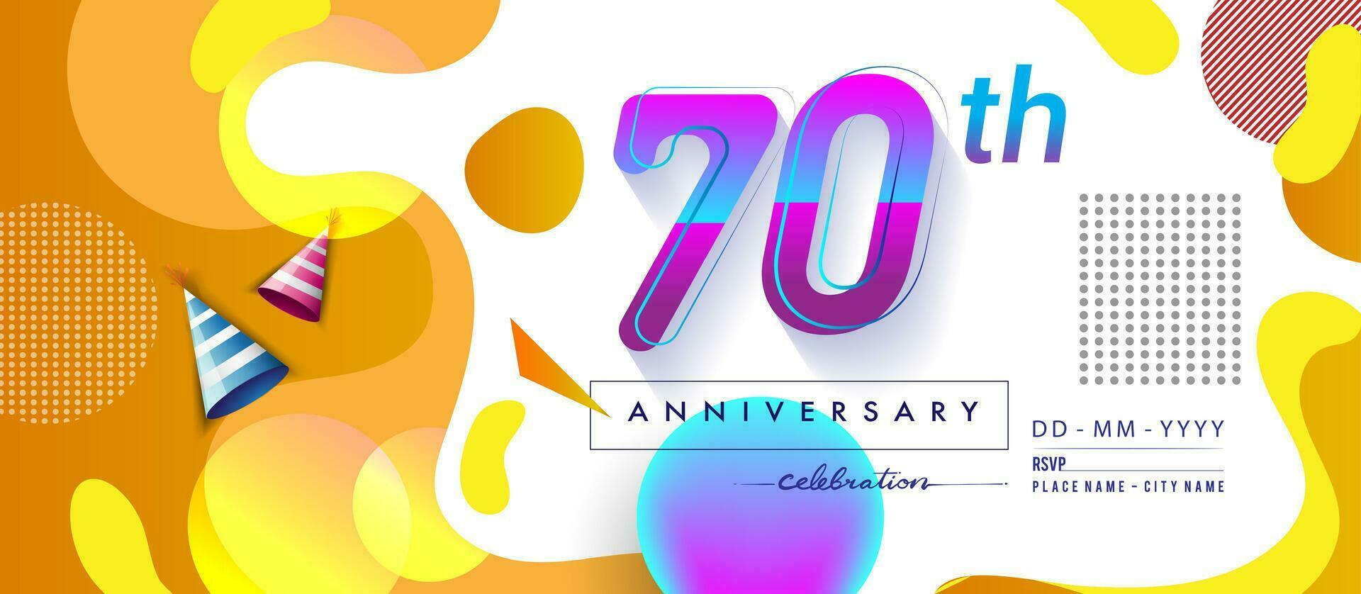 70 .. Jahre Jahrestag Logo, Vektor Design Geburtstag Feier mit bunt geometrisch Hintergrund und Kreise Form.