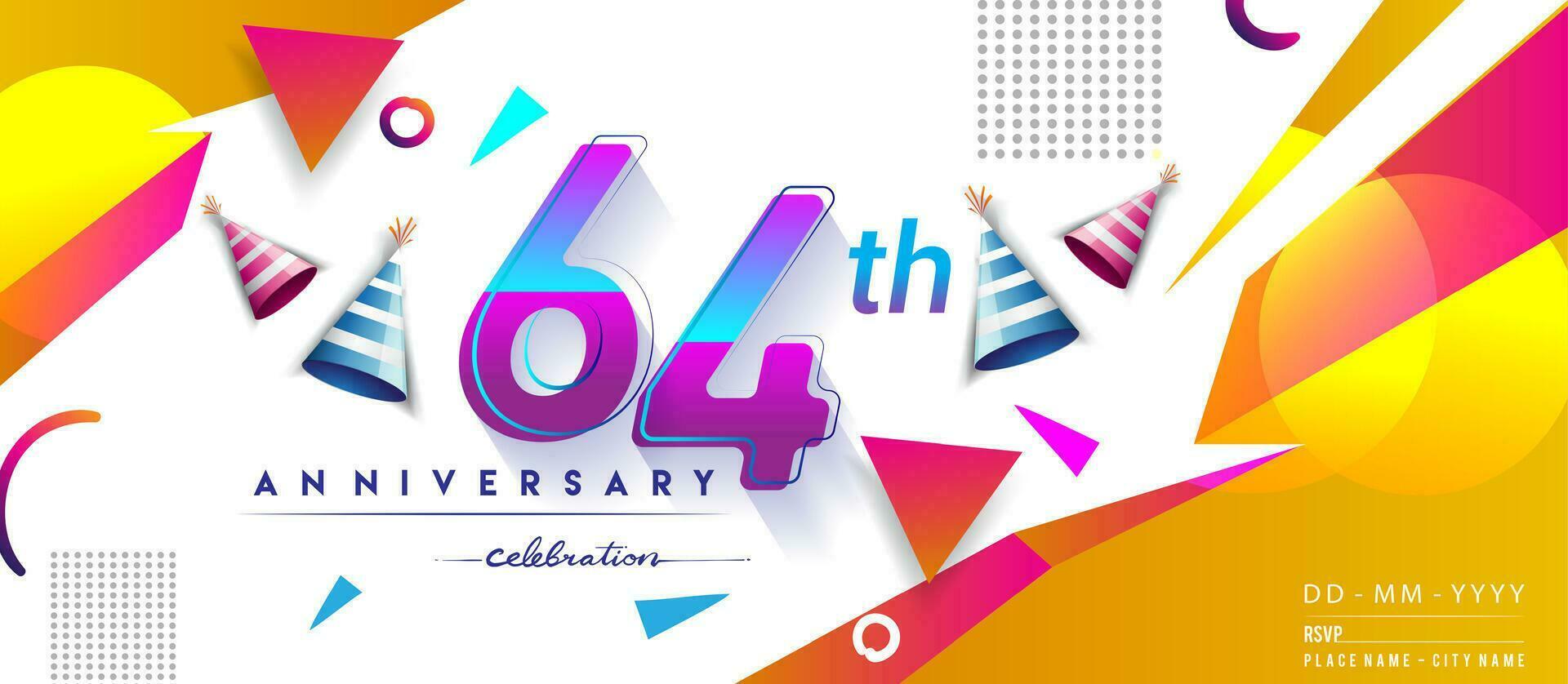 64 .. Jahre Jahrestag Logo, Vektor Design Geburtstag Feier mit bunt geometrisch Hintergrund und Kreise Form.