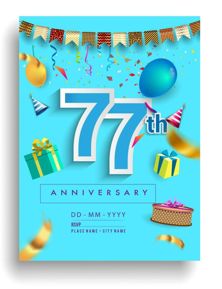 77 .. Jahre Jahrestag Einladung Design, mit Geschenk Box und Luftballons, Band, bunt Vektor Vorlage Elemente zum Geburtstag Feier Party.