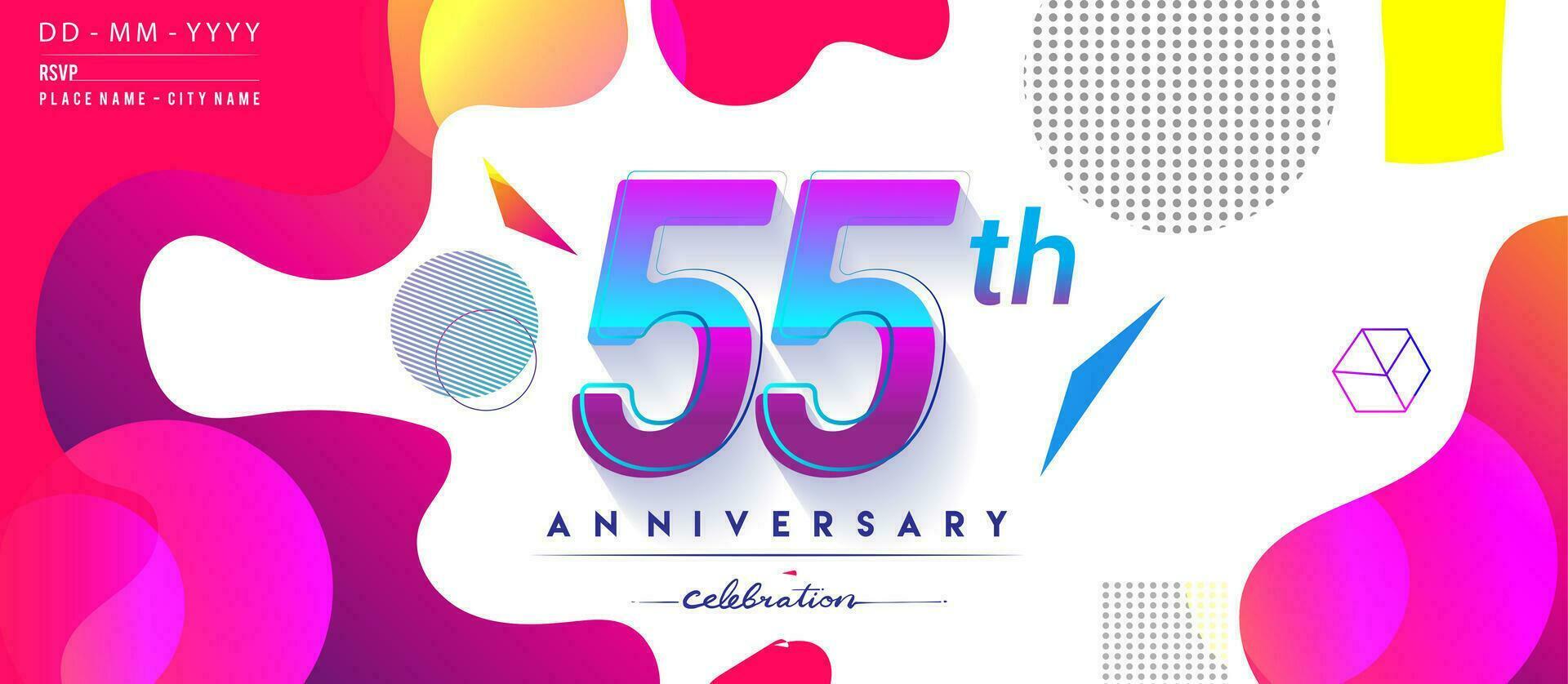 55 Jahre Jahrestag Logo, Vektor Design Geburtstag Feier mit bunt geometrisch Hintergrund und Kreise Form.