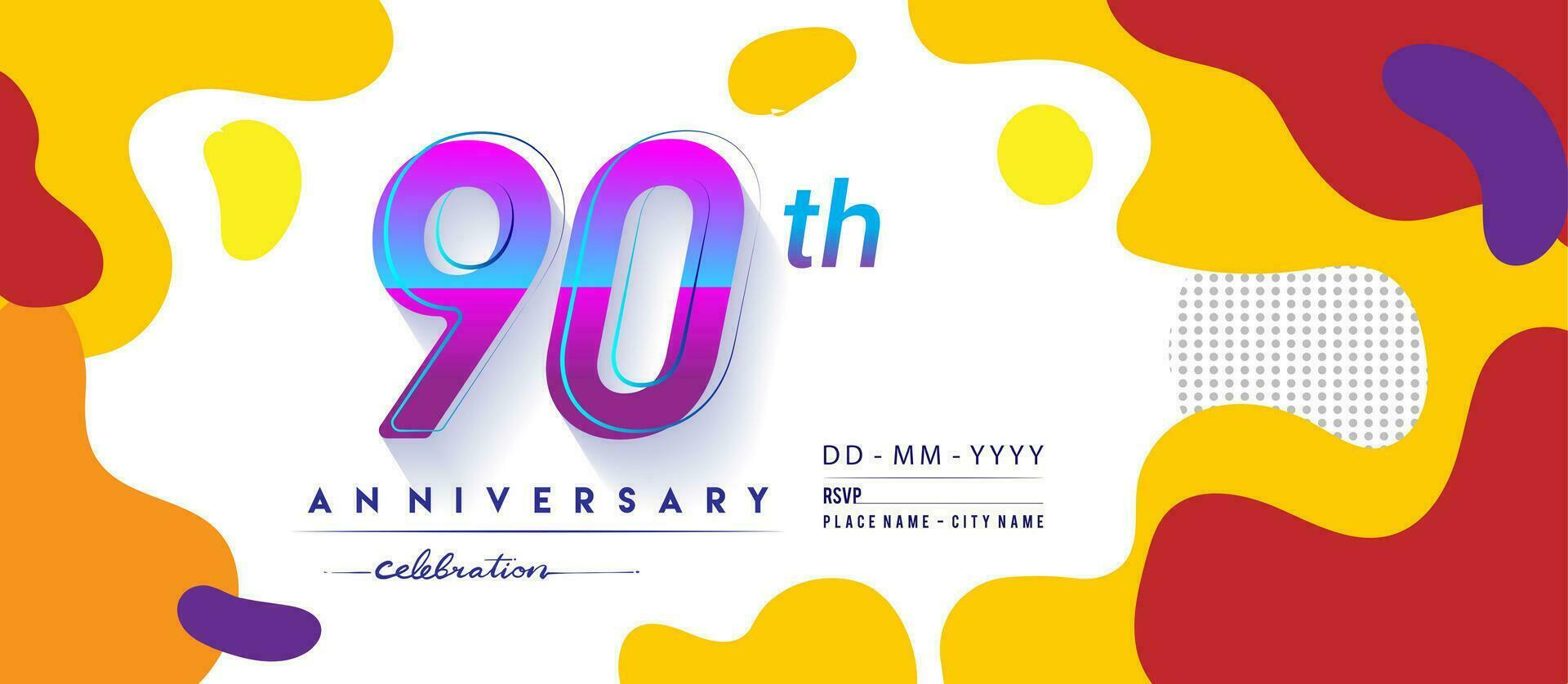 90:e år årsdag logotyp, vektor design födelsedag firande med färgrik geometrisk bakgrund och cirklar form.