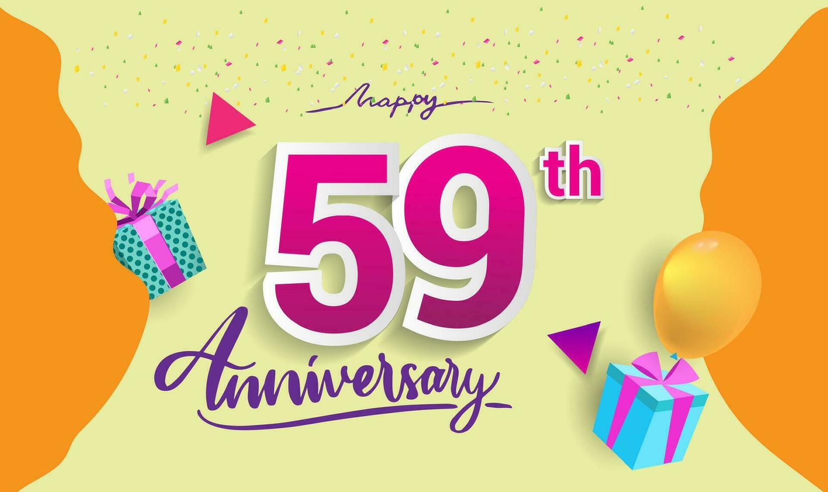 59 Jahre Jahrestag Feier Design, mit Geschenk Box und Luftballons, Band, bunt Vektor Vorlage Elemente zum Ihre Geburtstag feiern Party.