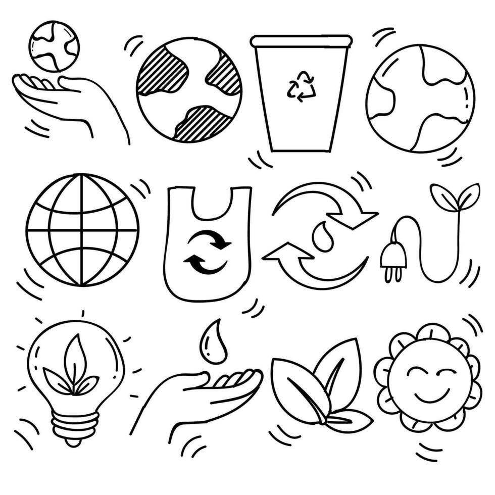 uppsättning av hand dragen ekologi, ekologi problem och grön energi ikoner i klotter stil, vektor illustration