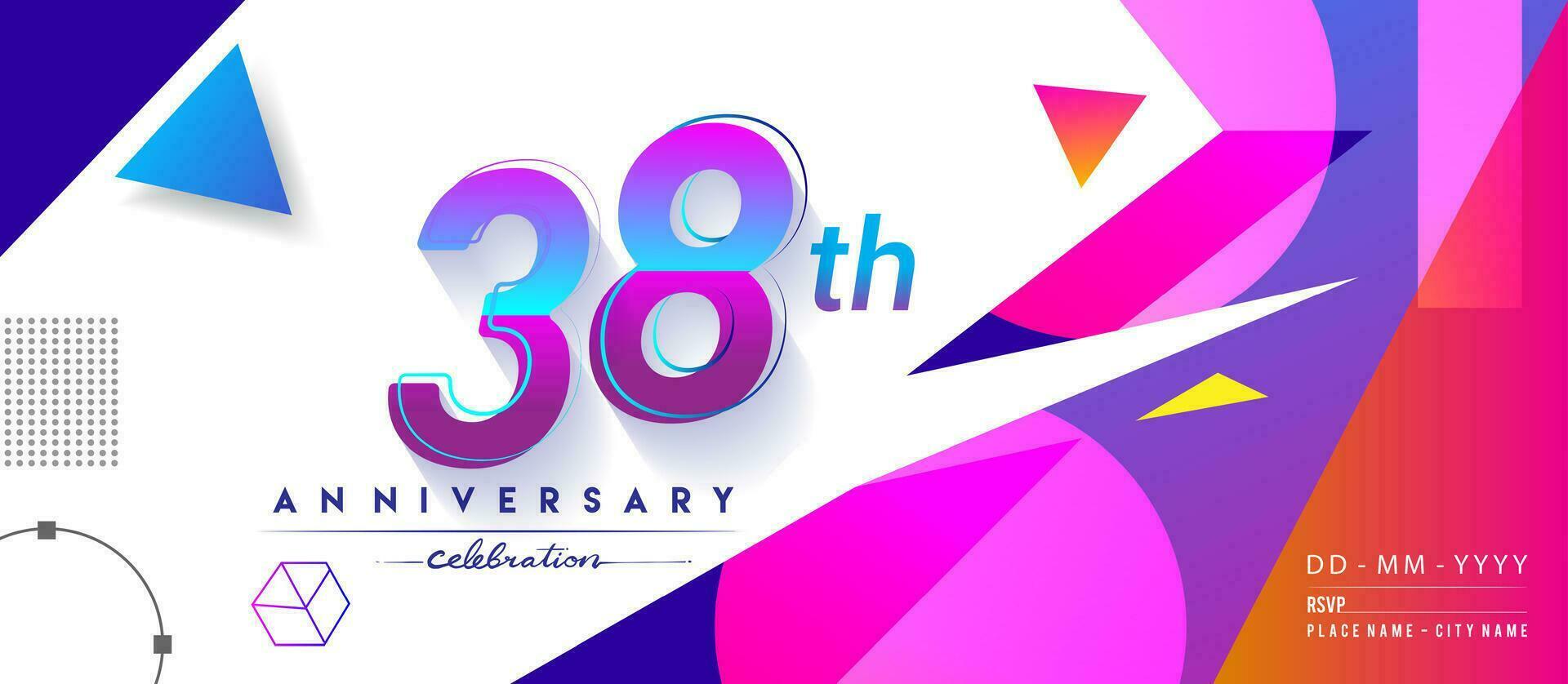 38 Jahre Jahrestag Logo, Vektor Design Geburtstag Feier mit bunt geometrisch Hintergrund und Kreise Form.
