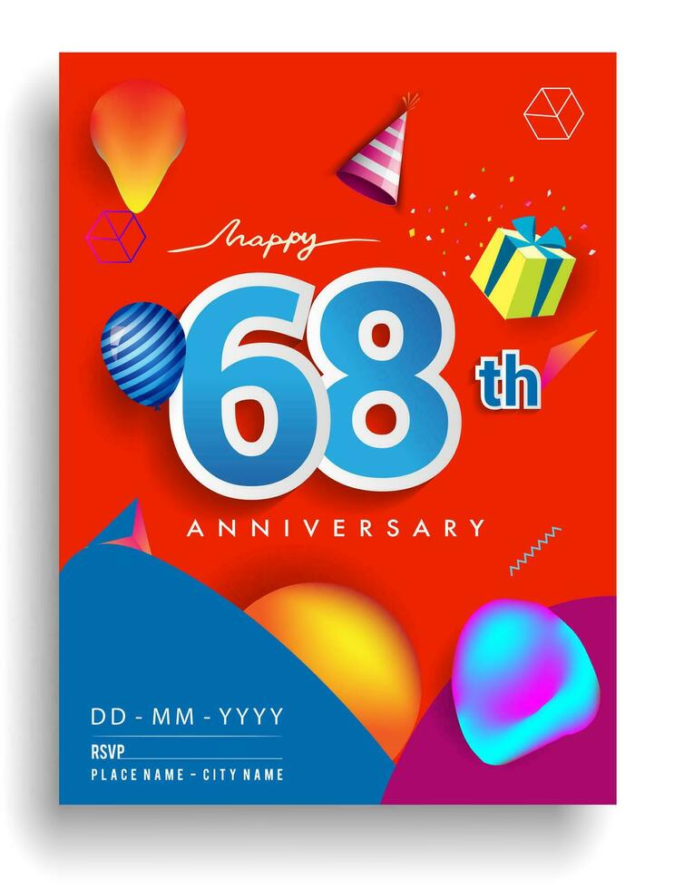 68 .. Jahre Jahrestag Einladung Design, mit Geschenk Box und Luftballons, Band, bunt Vektor Vorlage Elemente zum Geburtstag Feier Party.