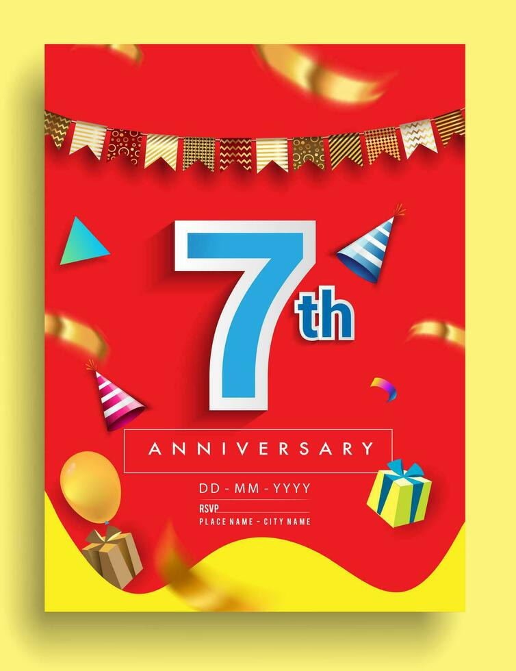7:e år årsdag inbjudan design, med gåva låda och ballonger, band, färgrik vektor mall element för födelsedag firande fest.