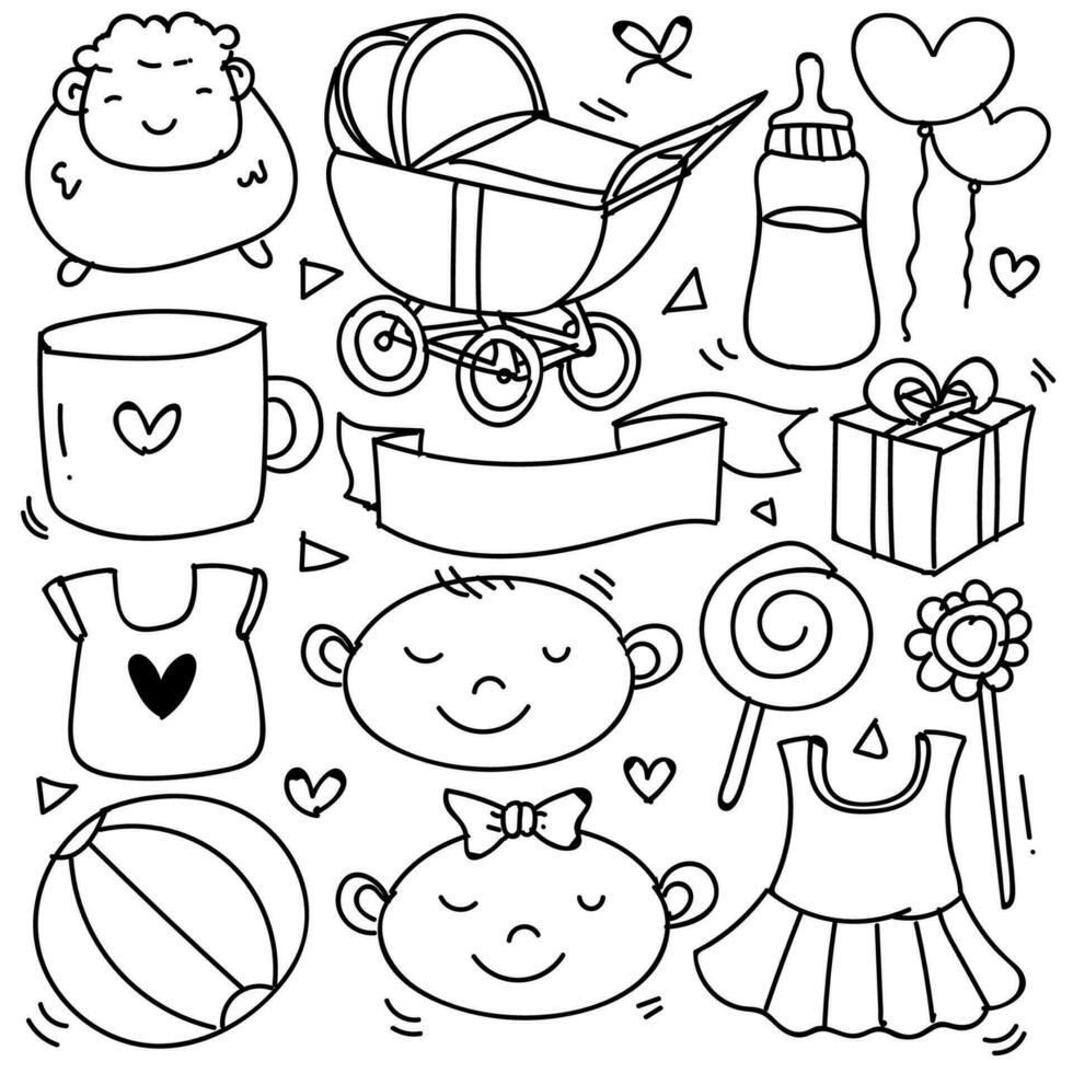 bebis och nyfödd klotter för ikon, baner. tecknad serie skiss stil klotter med bebis flicka och pojke leksak, mat, boll, ballong, måne, stjärna, mjölk flaska, födelsedag element. hand dragen och vektor illustration
