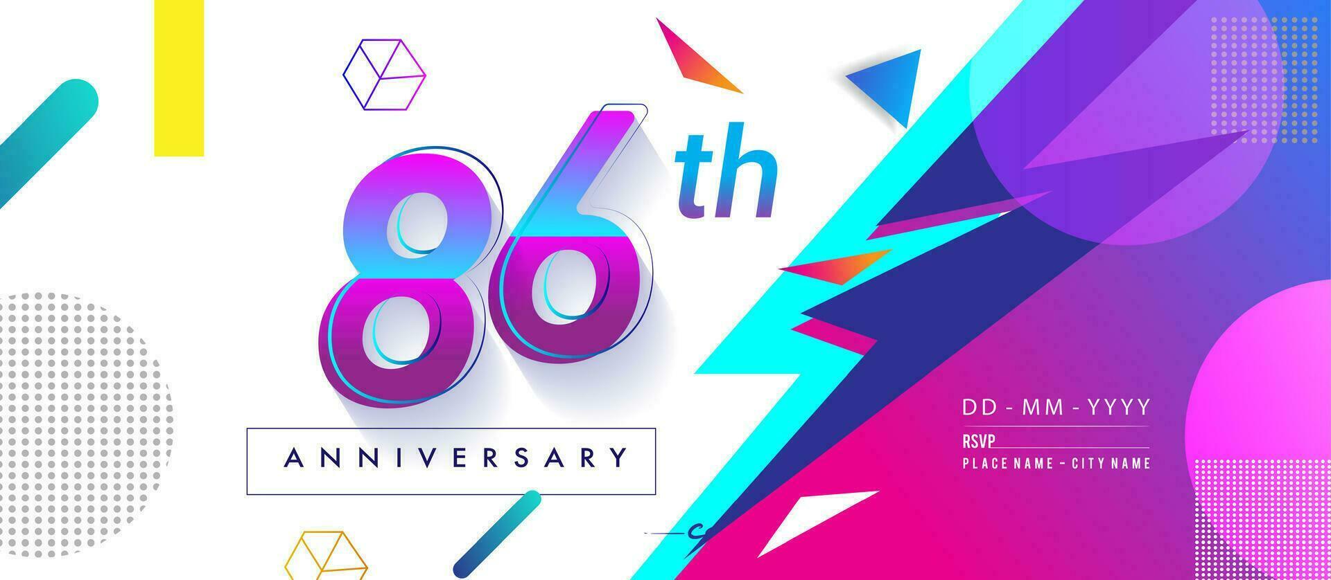 86 .. Jahre Jahrestag Logo, Vektor Design Geburtstag Feier mit bunt geometrisch Hintergrund und Kreise Form.