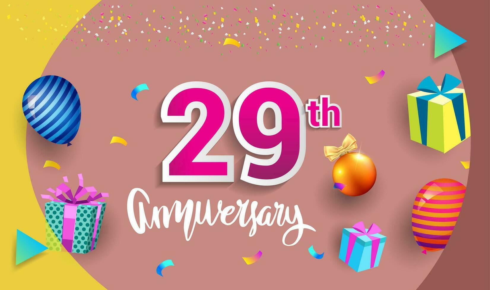 29 Jahre Jahrestag Feier Design, mit Geschenk Box und Luftballons, Band, bunt Vektor Vorlage Elemente zum Ihre Geburtstag feiern Party.
