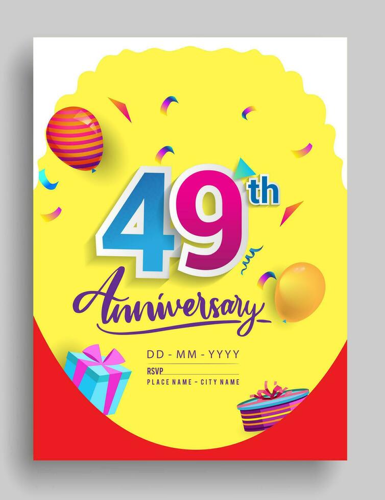 49: e år årsdag inbjudan design, med gåva låda och ballonger, band, färgrik vektor mall element för födelsedag firande fest.