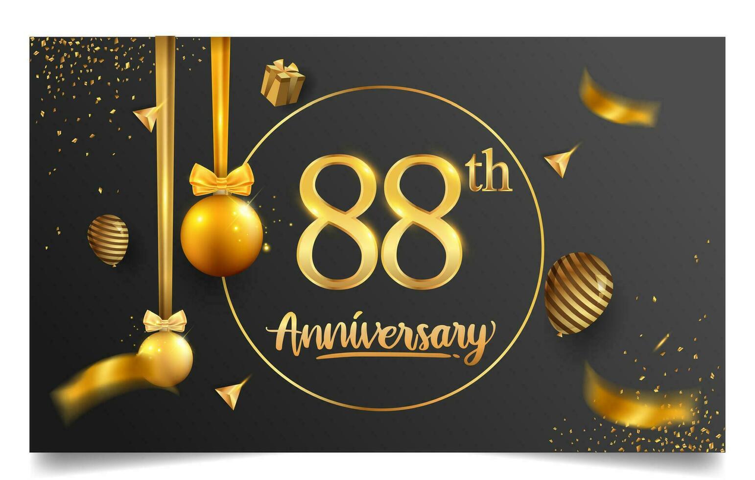 80 .. Jahre Jahrestag Design zum Gruß Karten und Einladung, mit Ballon, Konfetti und Geschenk Kasten, elegant Design mit Gold und dunkel Farbe, Design Vorlage zum Geburtstag Feier. vektor