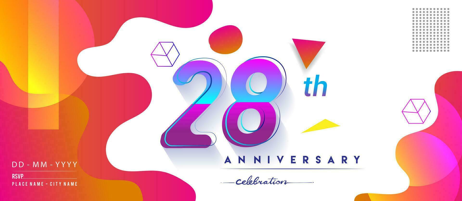 28: e år årsdag logotyp, vektor design födelsedag firande med färgrik geometrisk bakgrund och cirklar form.