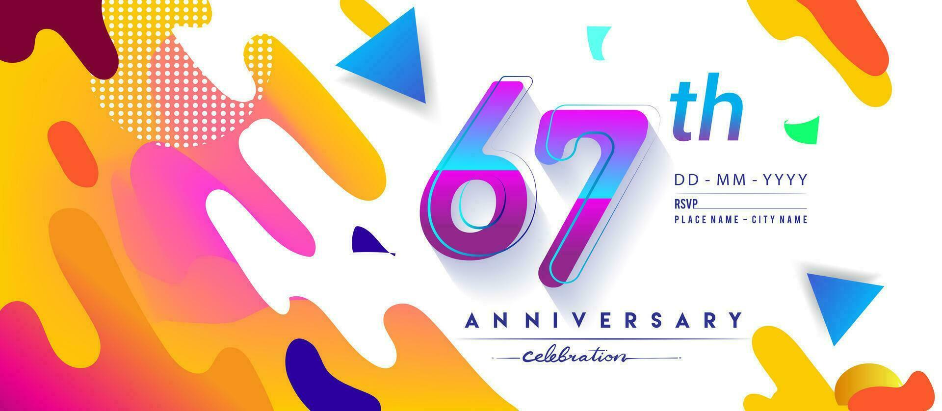 67 .. Jahre Jahrestag Logo, Vektor Design Geburtstag Feier mit bunt geometrisch Hintergrund und Kreise Form.