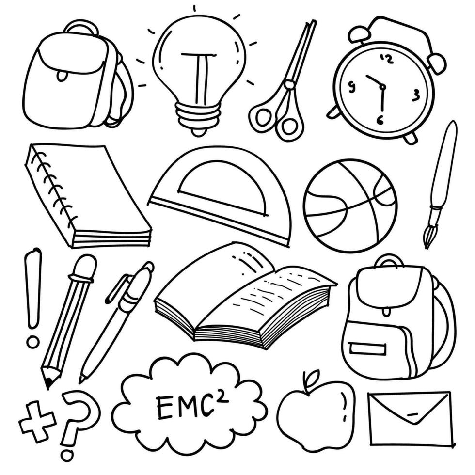 einstellen von Hand gezeichnet Schule Clip Art. Vektor Gekritzel Schule Symbole und Symbole im Gekritzel Stil, Vektor Illustration