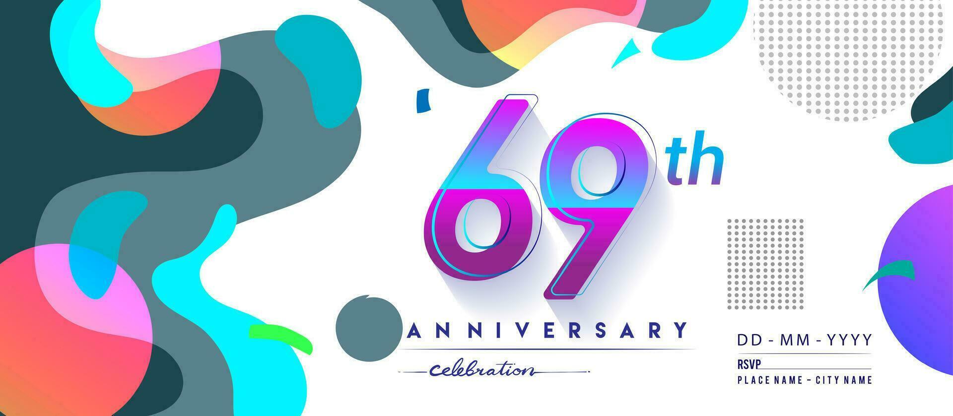 69 .. Jahre Jahrestag Logo, Vektor Design Geburtstag Feier mit bunt geometrisch Hintergrund und Kreise Form.