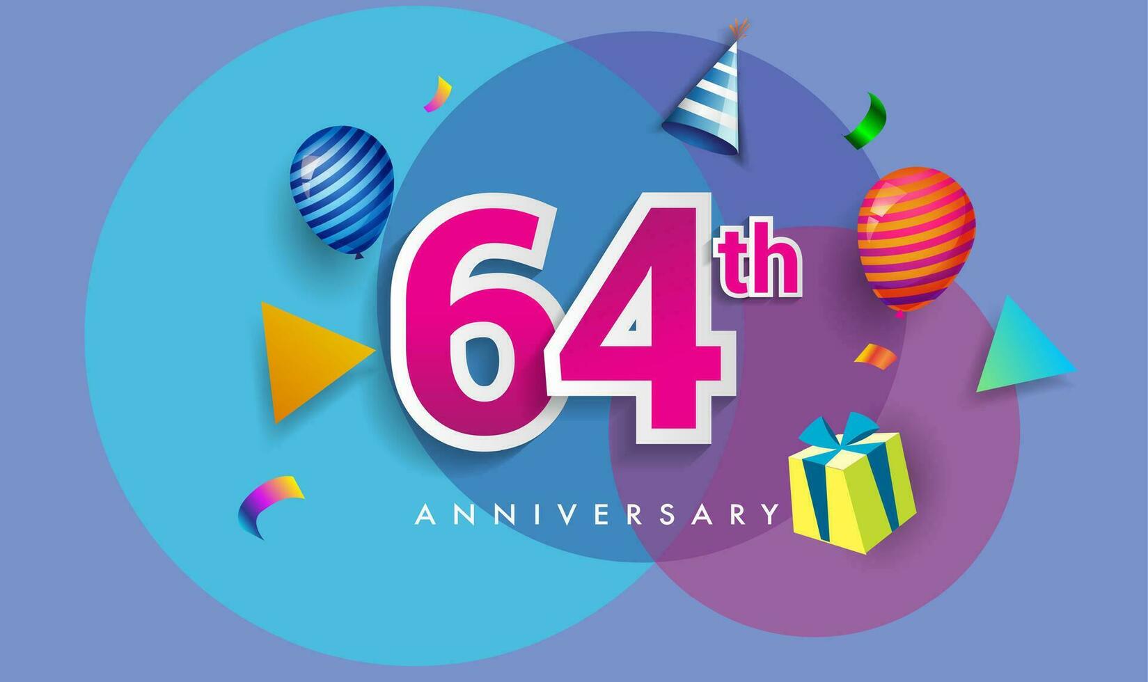 64 .. Jahre Jahrestag Feier Design, mit Geschenk Box und Luftballons, Band, bunt Vektor Vorlage Elemente zum Ihre Geburtstag feiern Party.