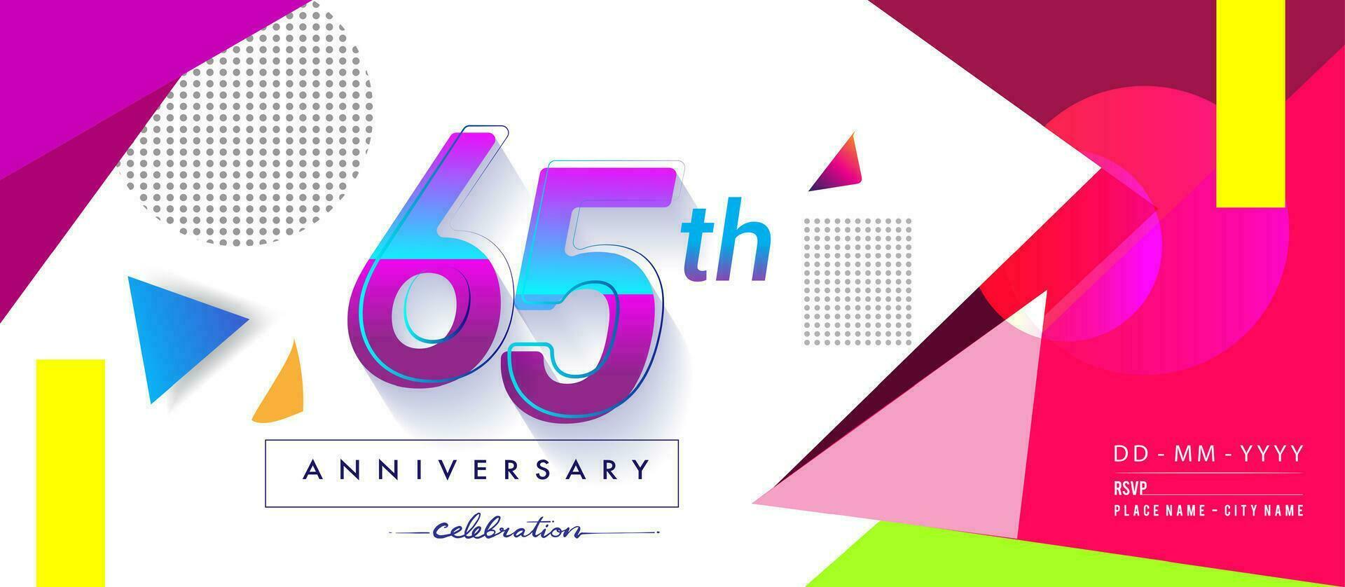 65 .. Jahre Jahrestag Logo, Vektor Design Geburtstag Feier mit bunt geometrisch Hintergrund und Kreise Form.