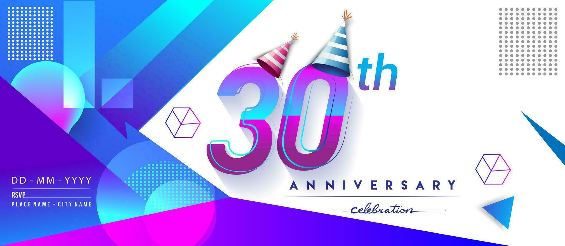 30 Jahre Jahrestag Logo, Vektor Design Geburtstag Feier mit bunt geometrisch Hintergrund und Kreise Form.