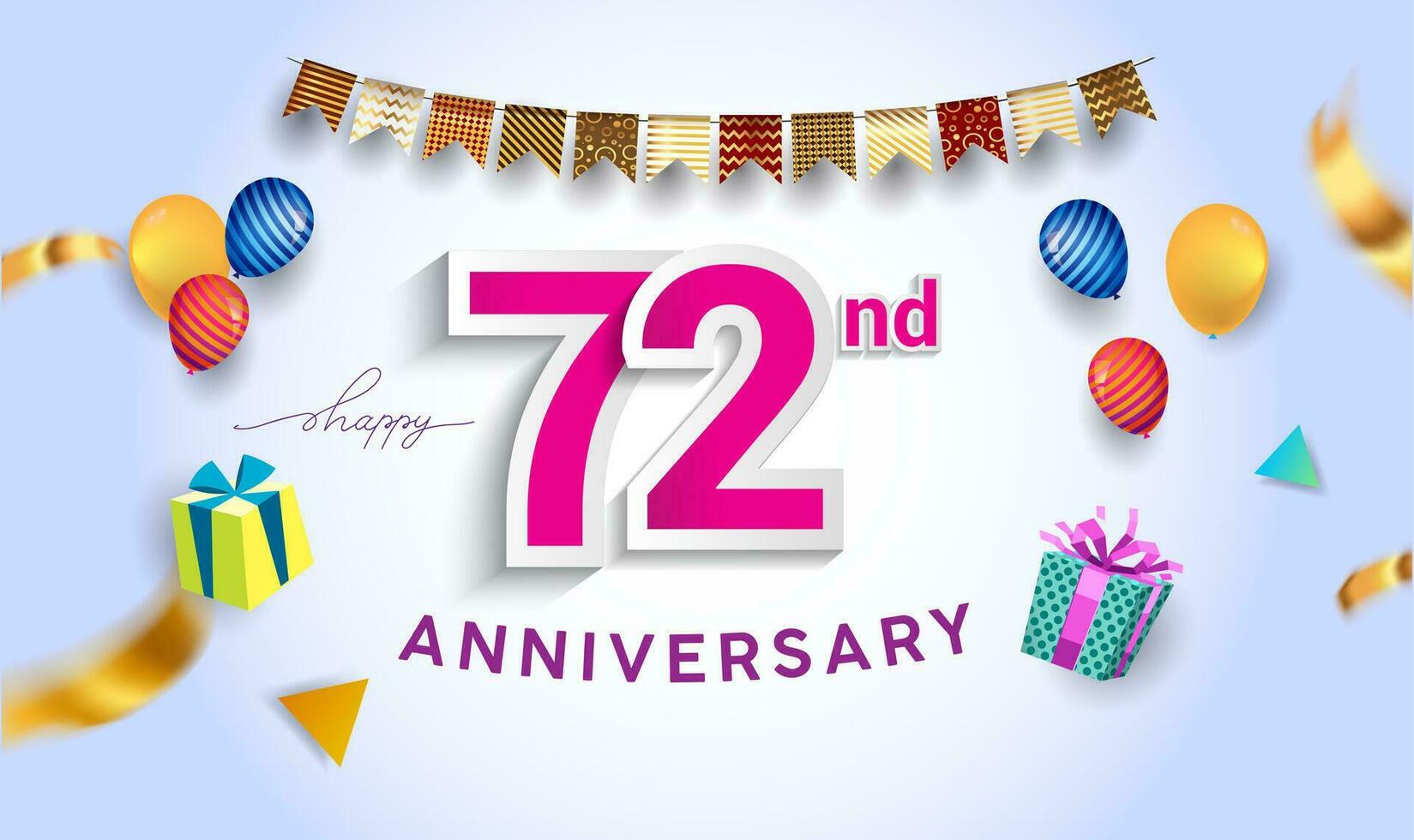 72:a år årsdag firande design, med gåva låda och ballonger, band, färgrik vektor mall element för din födelsedag fira fest.