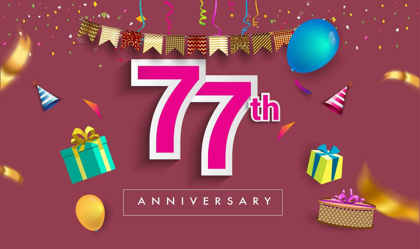 77: e år årsdag firande design, med gåva låda och ballonger, band, färgrik vektor mall element för din födelsedag fira fest.