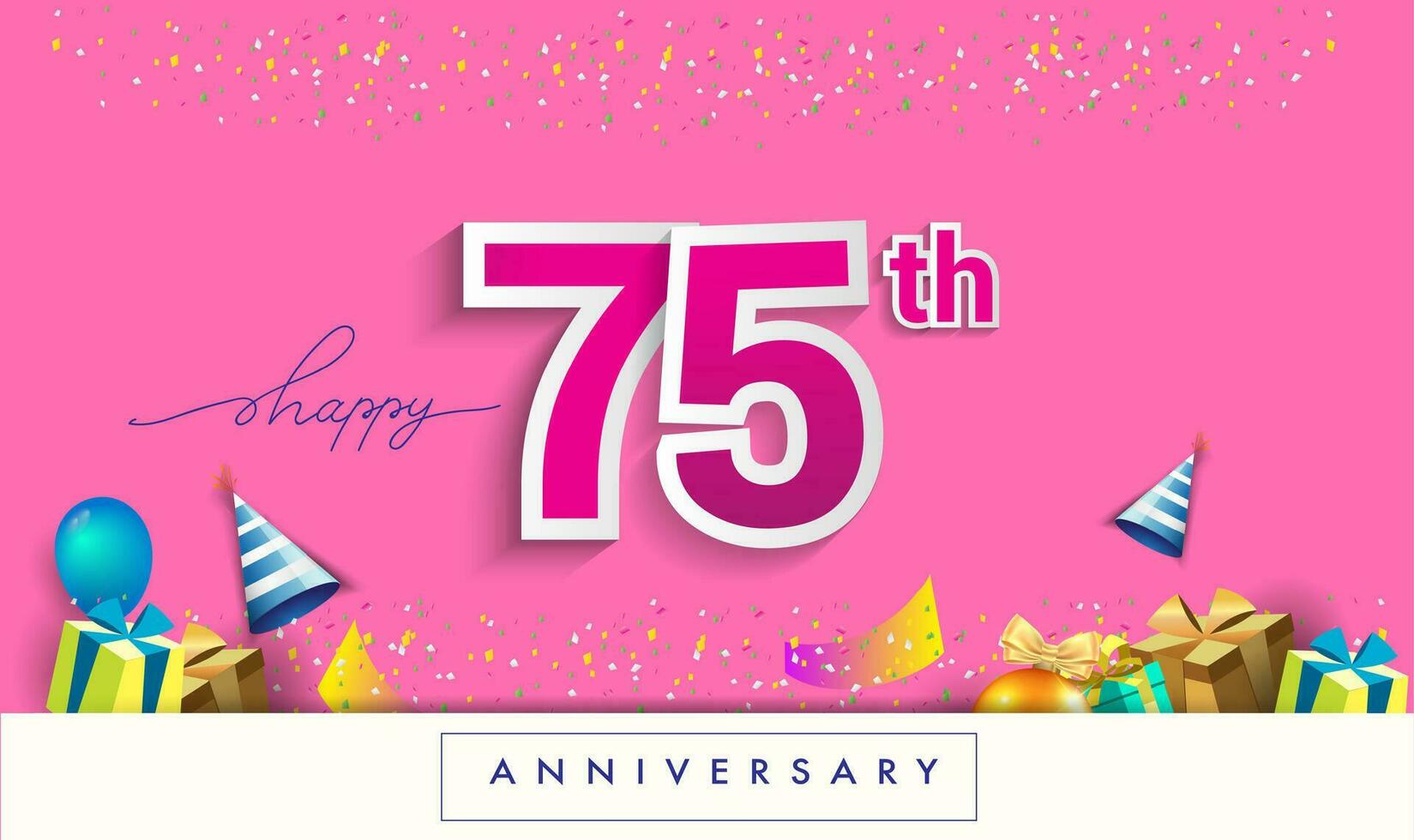 75:e år årsdag firande design, med gåva låda och ballonger, band, färgrik vektor mall element för din födelsedag fira fest.