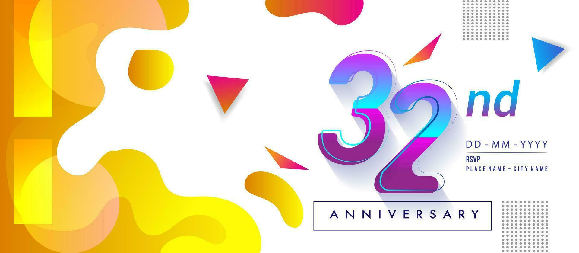 32 Jahre Jahrestag Logo, Vektor Design Geburtstag Feier mit bunt geometrisch Hintergrund und Kreise Form.