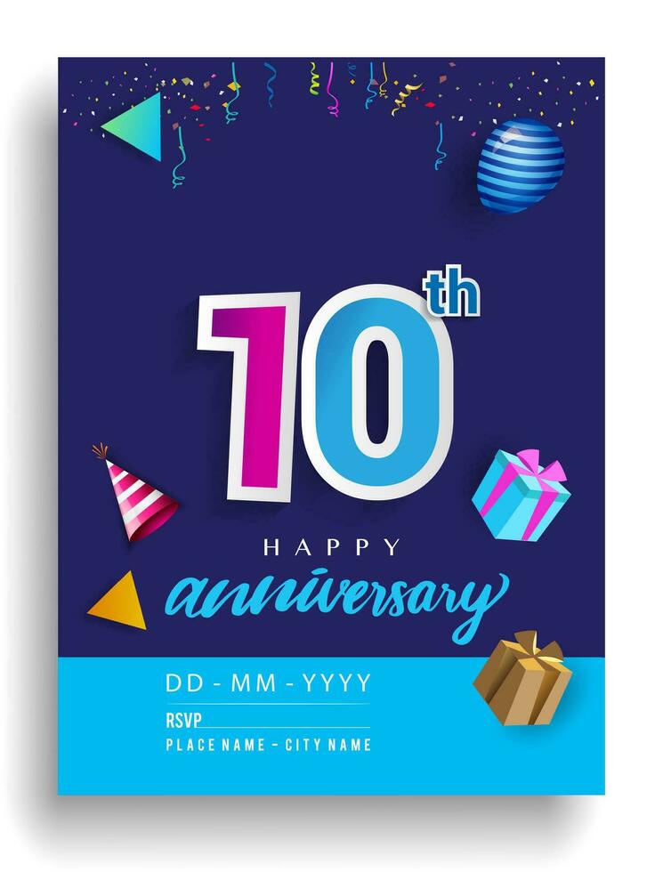10:e år årsdag inbjudan design, med gåva låda och ballonger, band, färgrik vektor mall element för födelsedag firande fest.