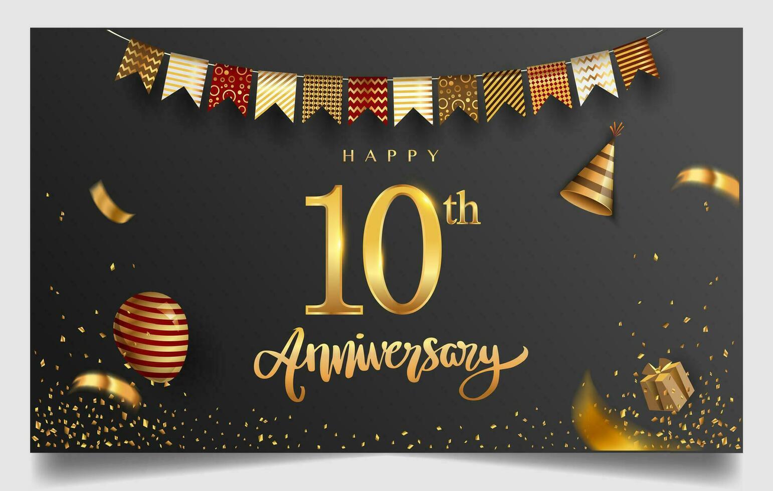50:e år årsdag design för hälsning kort och inbjudan, med ballong, konfetti och gåva låda, elegant design med guld och mörk Färg, design mall för födelsedag firande. vektor