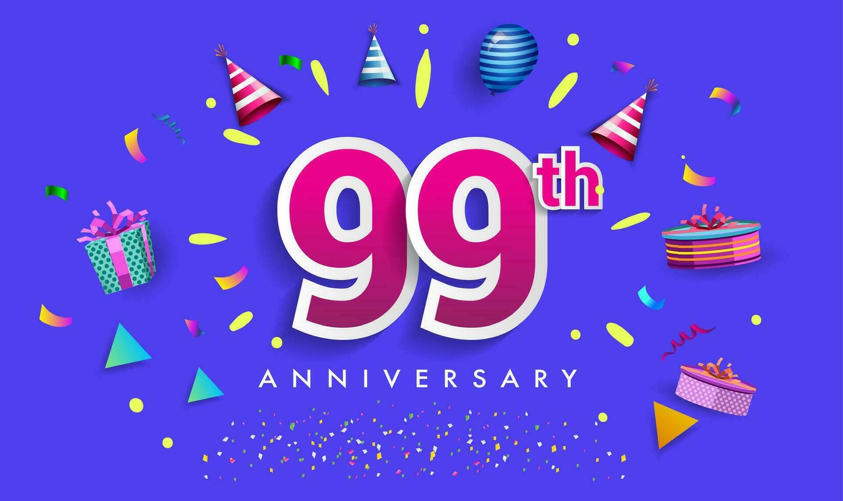 99: e år årsdag firande design, med gåva låda och ballonger, band, färgrik vektor mall element för din födelsedag fira fest.