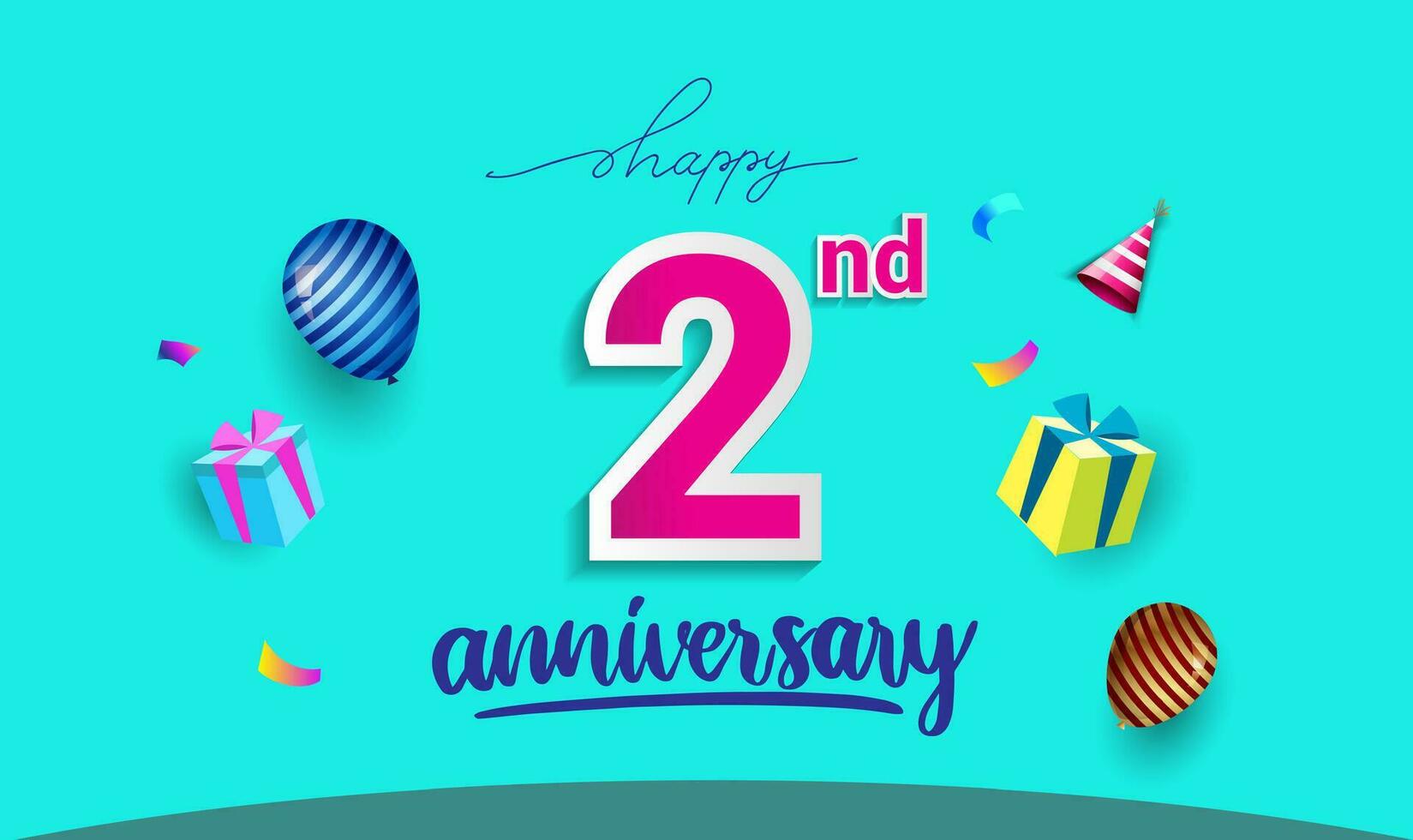 2:a år årsdag firande design, med gåva låda och ballonger, band, färgrik vektor mall element för din födelsedag fira fest.