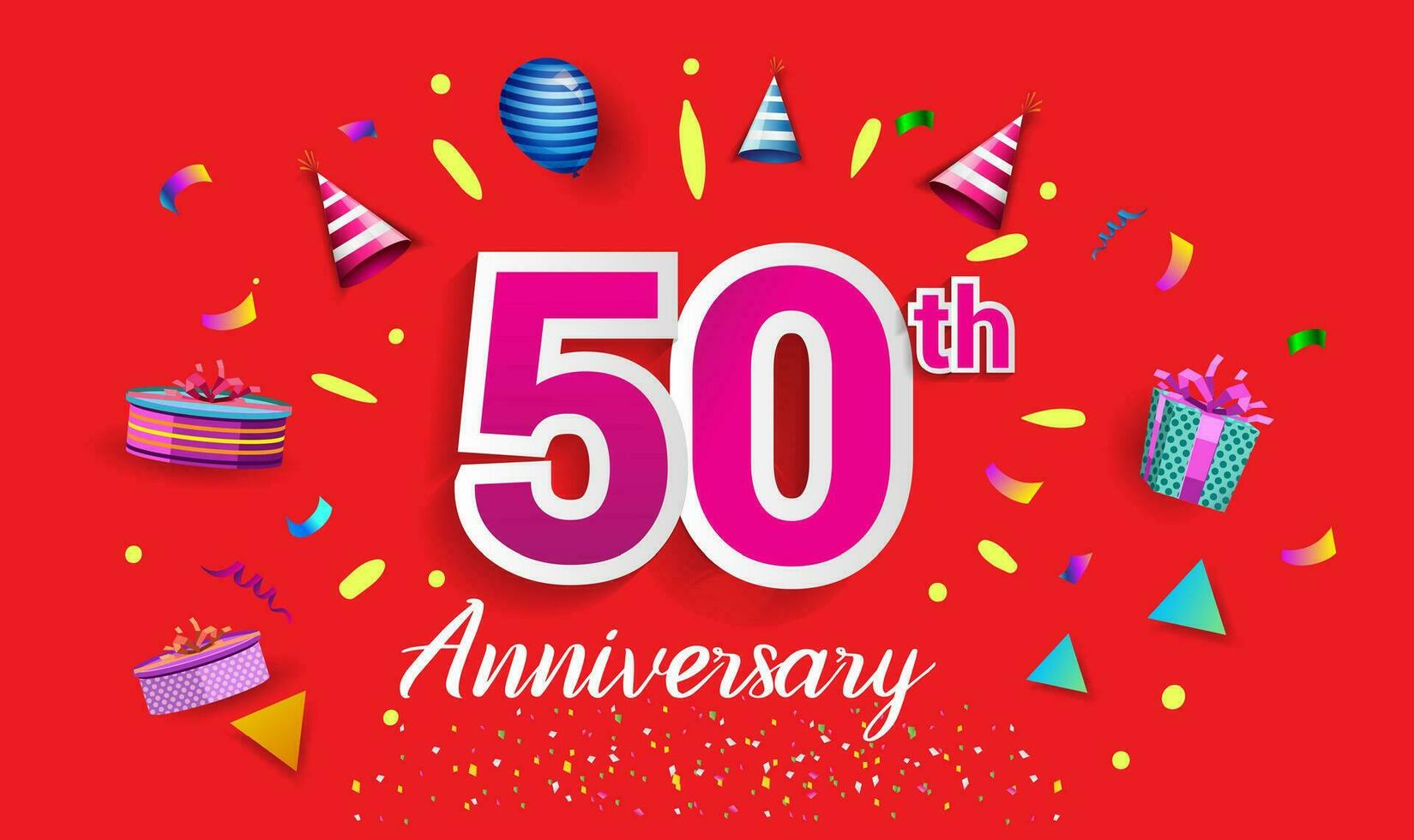 50 .. Jahre Jahrestag Feier Design, mit Geschenk Box und Luftballons, Band, bunt Vektor Vorlage Elemente zum Ihre Geburtstag feiern Party.