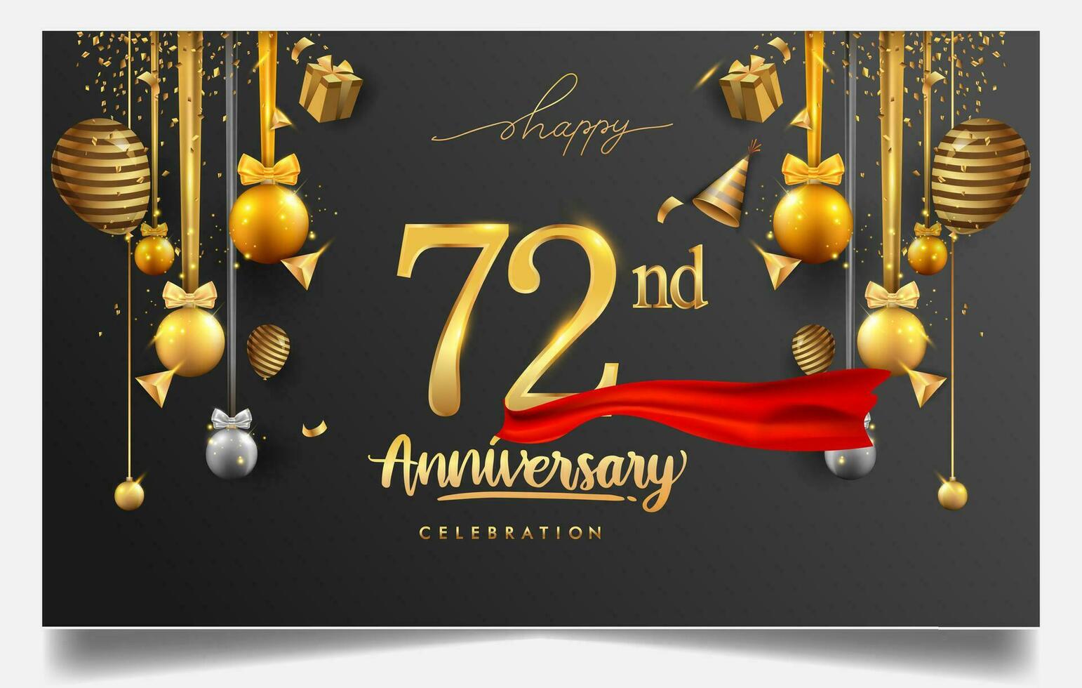 70 .. Jahre Jahrestag Design zum Gruß Karten und Einladung, mit Ballon, Konfetti und Geschenk Kasten, elegant Design mit Gold und dunkel Farbe, Design Vorlage zum Geburtstag Feier. vektor