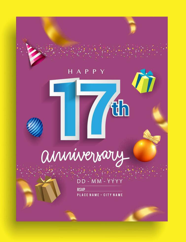 17 .. Jahre Jahrestag Einladung Design, mit Geschenk Box und Luftballons, Band, bunt Vektor Vorlage Elemente zum Geburtstag Feier Party.