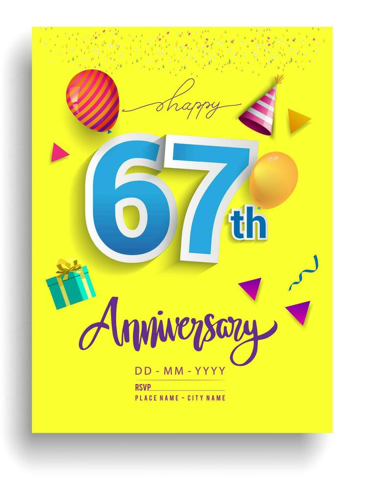 67: e år årsdag inbjudan design, med gåva låda och ballonger, band, färgrik vektor mall element för födelsedag firande fest.