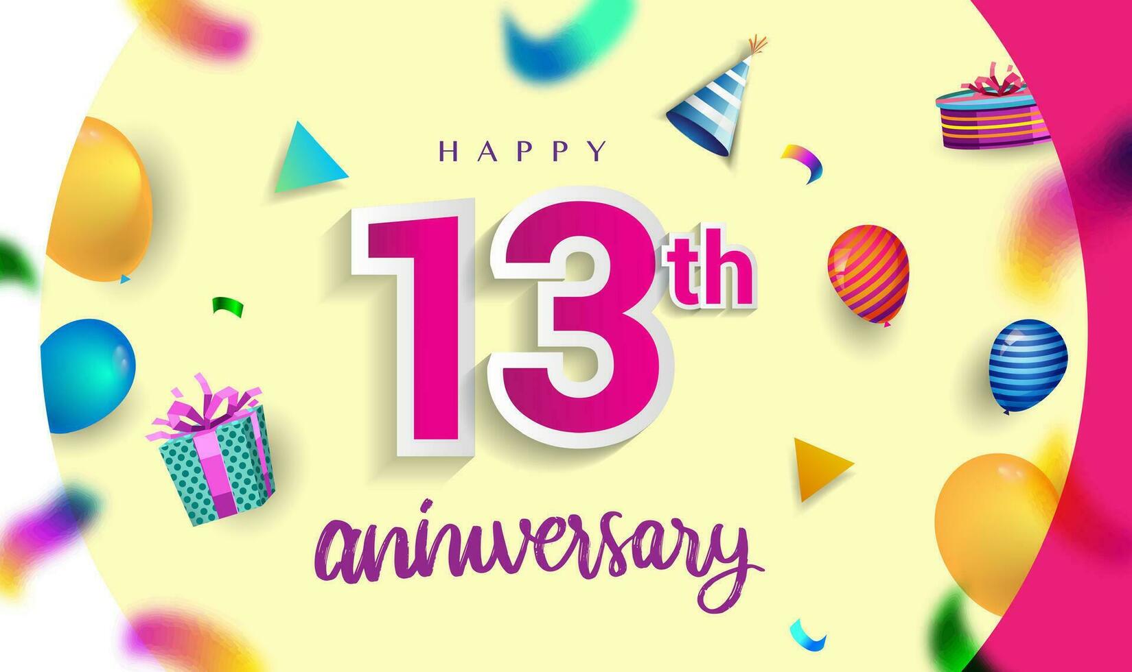 13 .. Jahre Jahrestag Feier Design, mit Geschenk Box und Luftballons, Band, bunt Vektor Vorlage Elemente zum Ihre Geburtstag feiern Party.