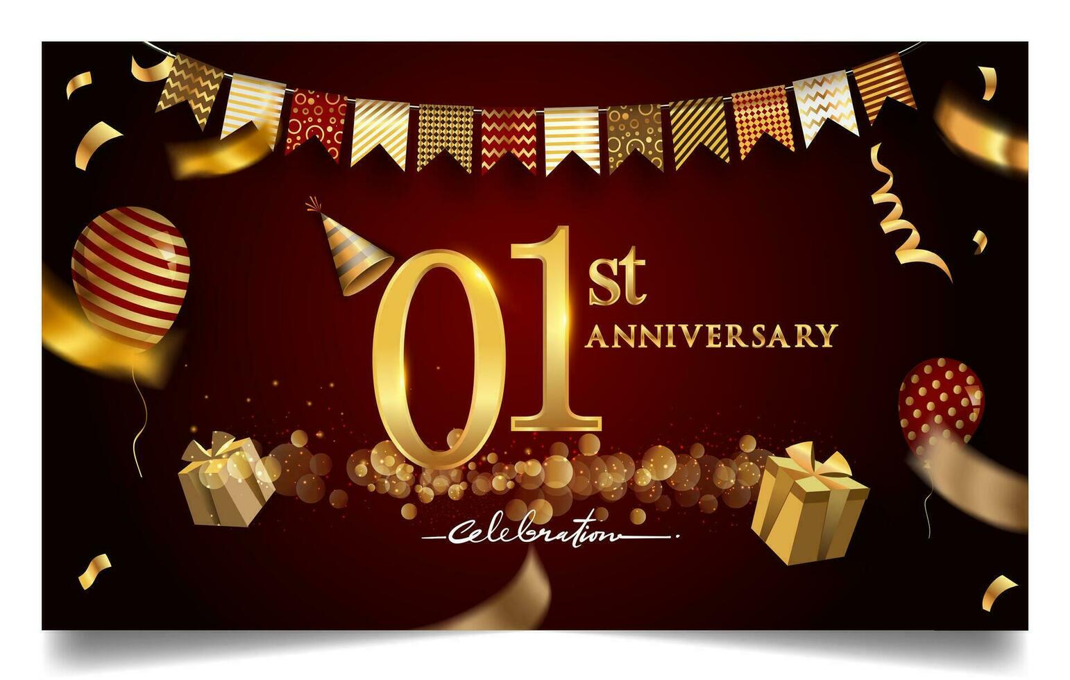 50:e år årsdag design för hälsning kort och inbjudan, med ballong, konfetti och gåva låda, elegant design med guld och mörk Färg, design mall för födelsedag firande. vektor