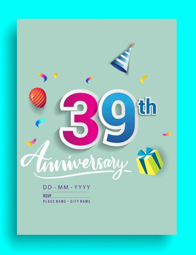 39 .. Jahre Jahrestag Einladung Design, mit Geschenk Box und Luftballons, Band, bunt Vektor Vorlage Elemente zum Geburtstag Feier Party.
